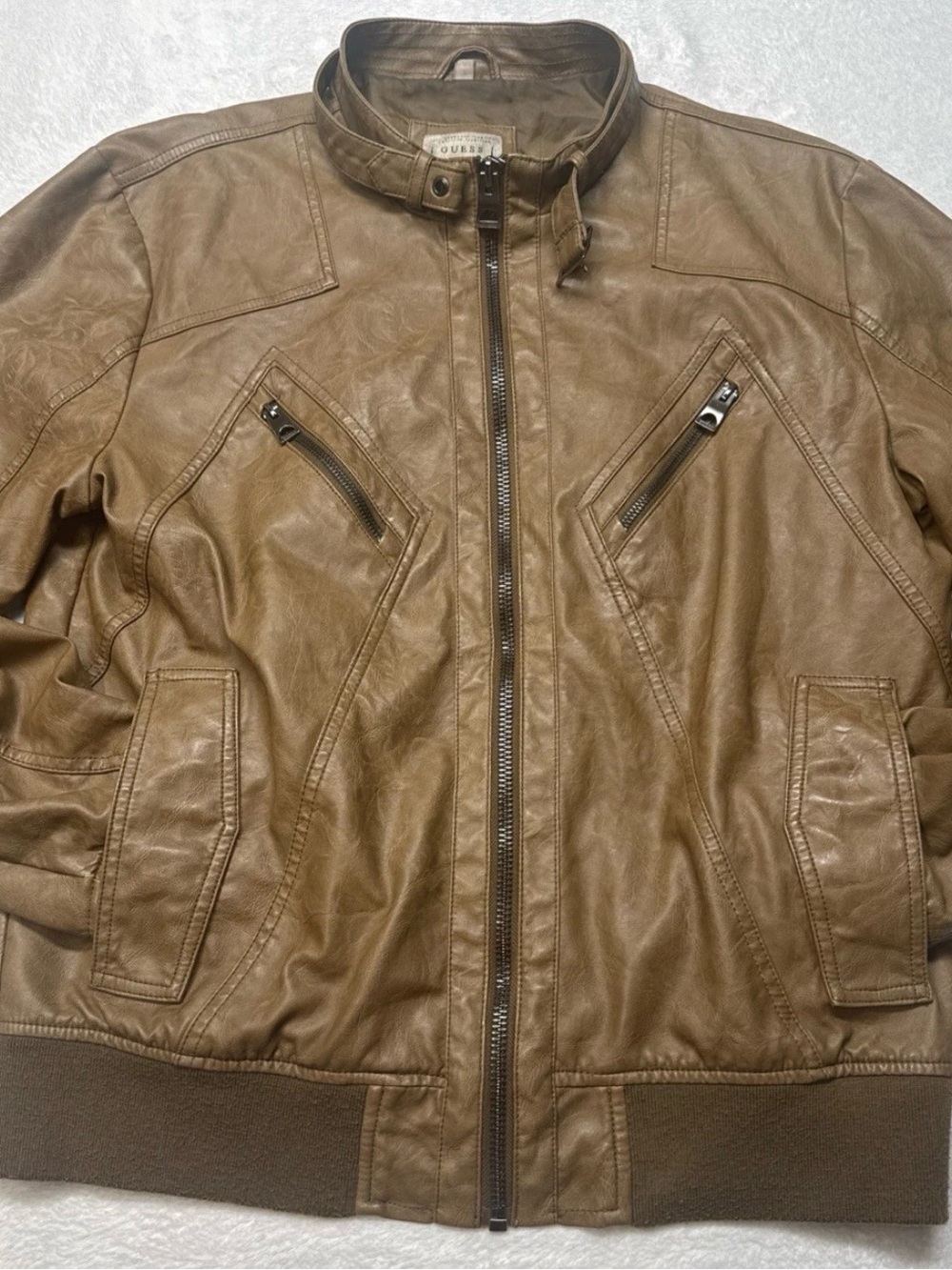 GUESS Men's Tan Brown Leather Bomber Jacket